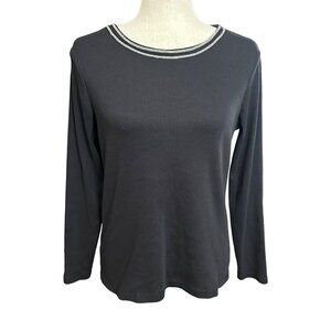 Chico's Shirt Size 1 M Black Ribbed Beaded Neckline Long Sleeve Minimalist